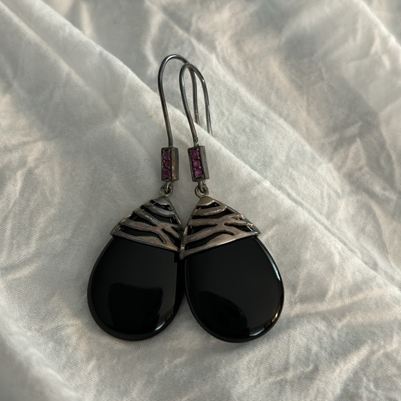 Vintage David Sigal 925 Sterling Onyx Ruby Earrings - Picture 8 of 14